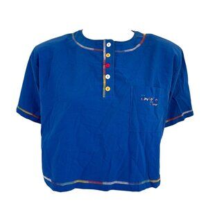 NWT VTG 1990 GITANO Short Sleeve Boxy Cropped Henley Shirt in Blue SZ L